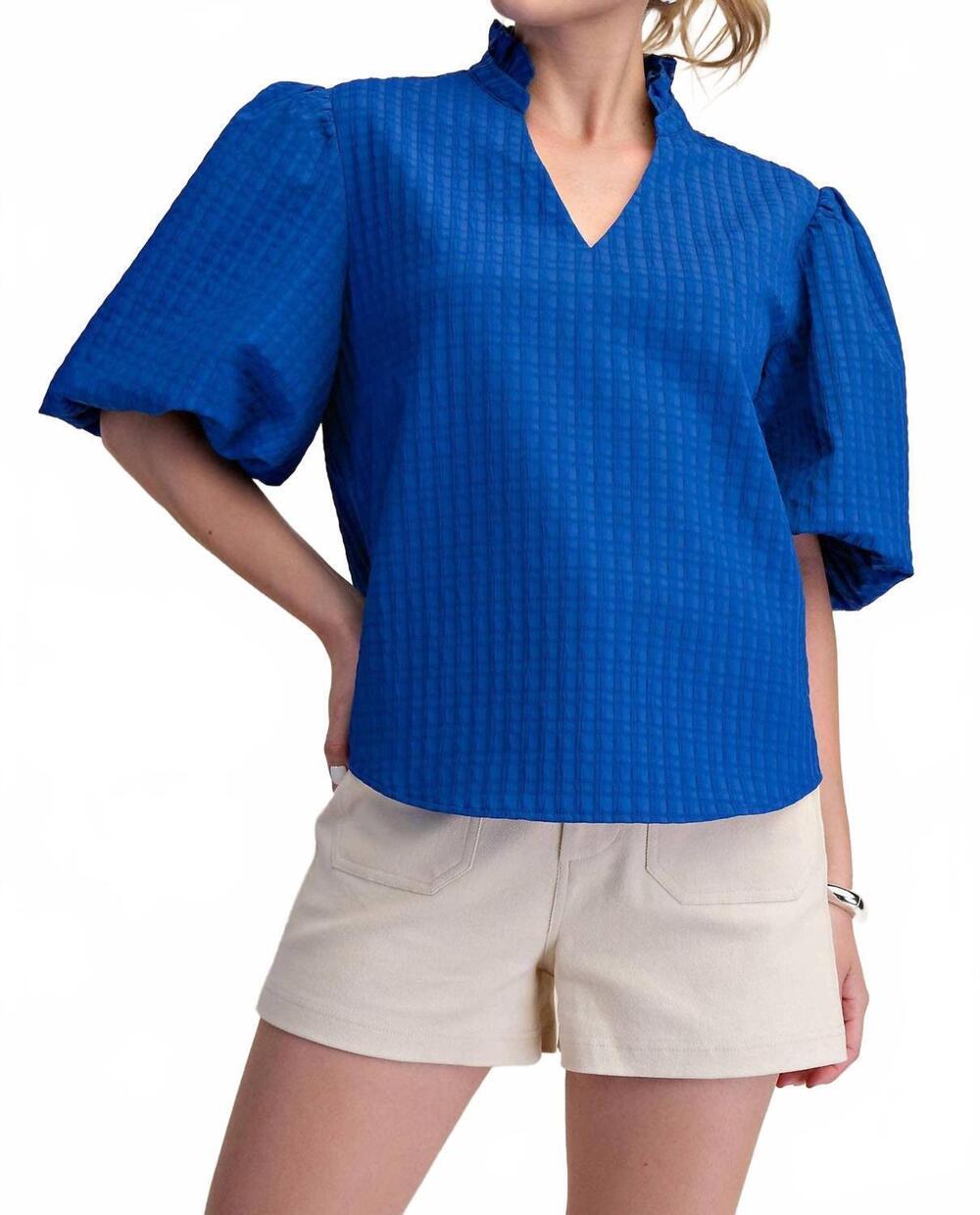 NEW GLAM puff sleeve ruffled neck textured fabric top in royal